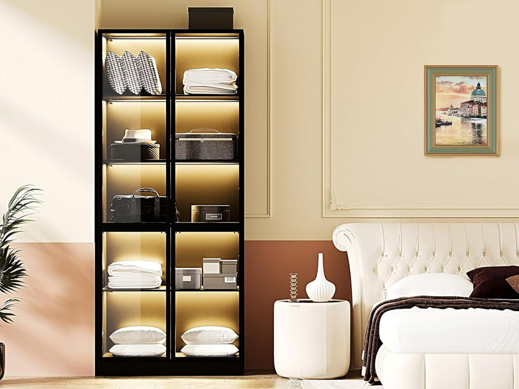 Wooden Display Storage Cabinet with Glass Door, LED Lights,Showcase for Collections, Perfume, Vinyl Albums, Bookcase