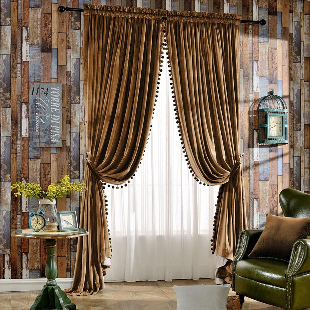Luxury Pom Poms Velvet Curtains for Bedroom Living Room, Vintage Room Darkening Rod Pocket Window Decorative Drapes