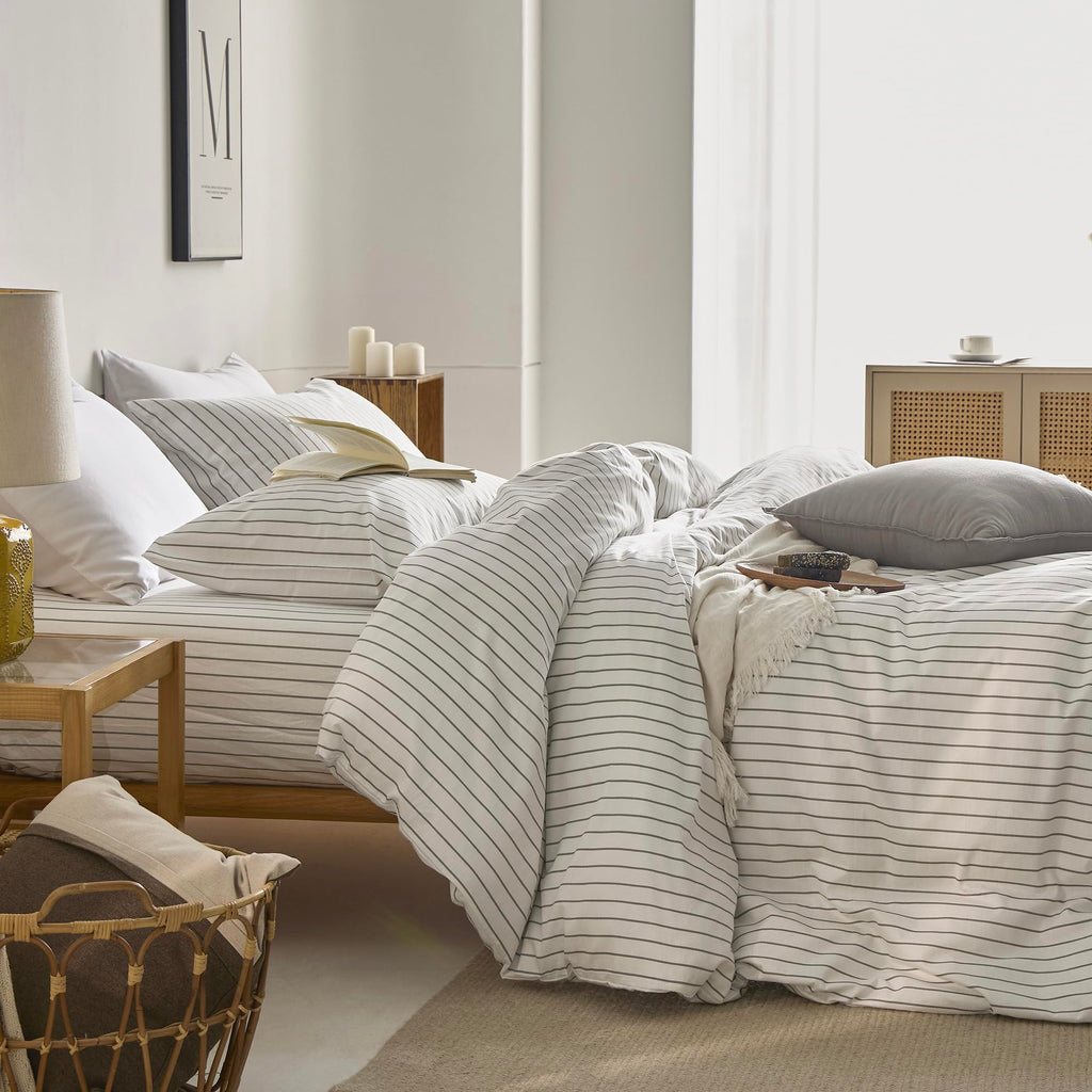 100% Cotton Vertical Stripe Duvet Cover Set, Grey