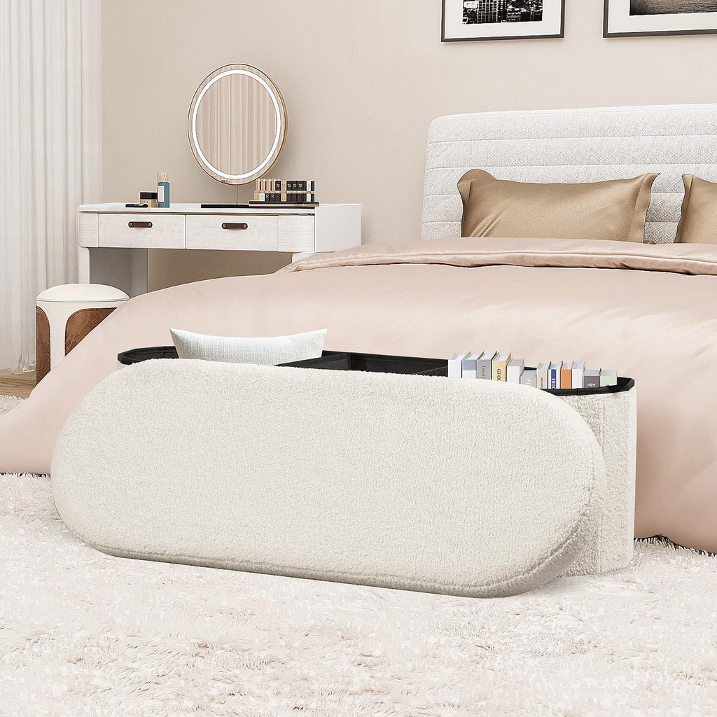 Storage Ottoman Bench Tufted Oval Ottomans Bench Foot Rest, Chest Box Velvet Bench with Storage, 43"x15"x15" (White)