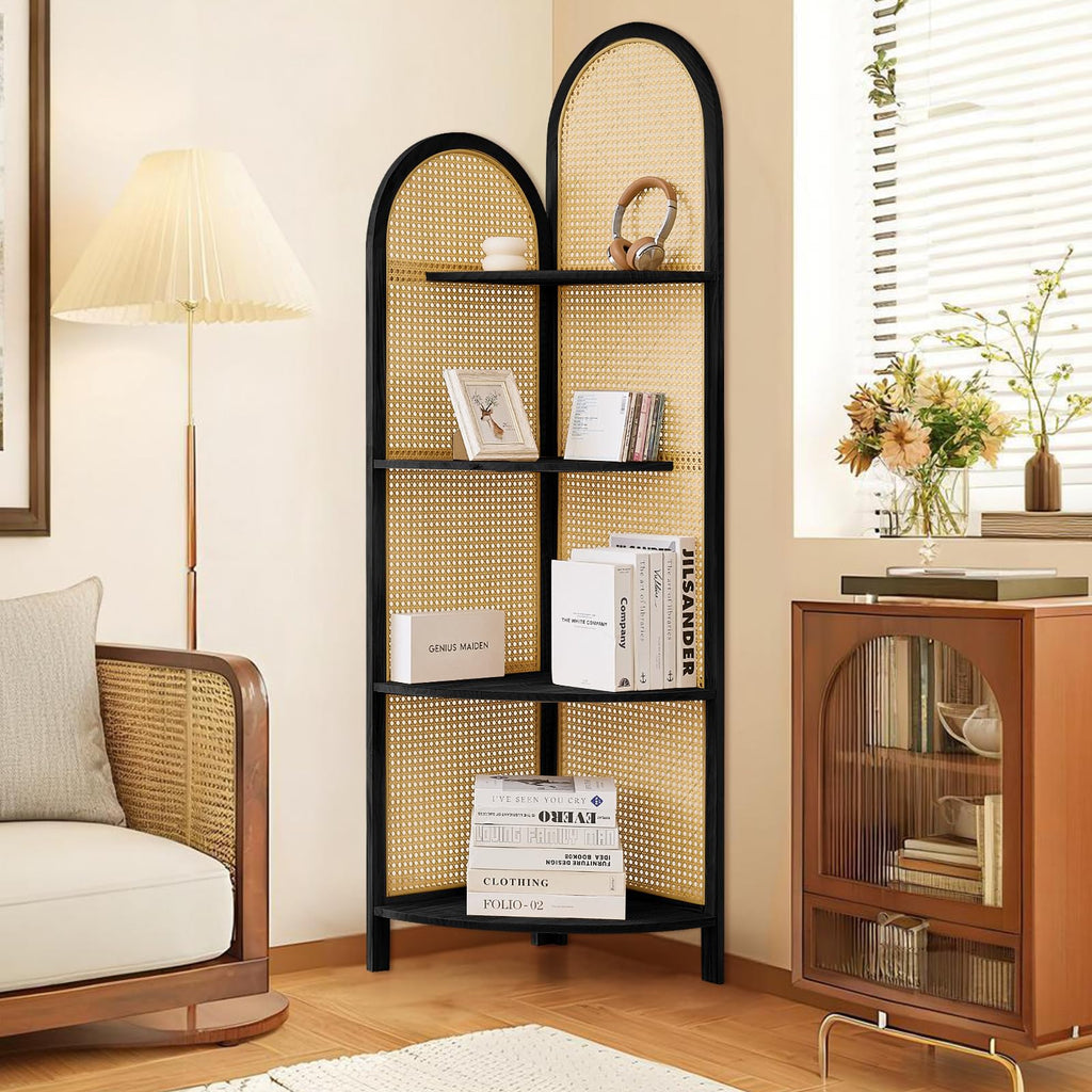 70" Arched Rattan Corner Shelf, 4-Tier 90° Corner Design, Black