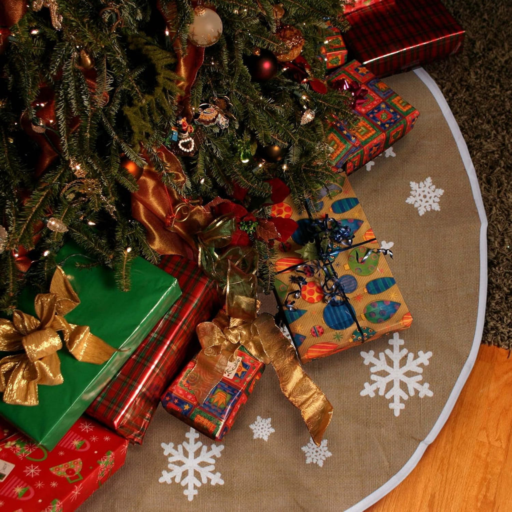 47" Round Christmas Tree Skirt, Jute Burlap, Snowflake