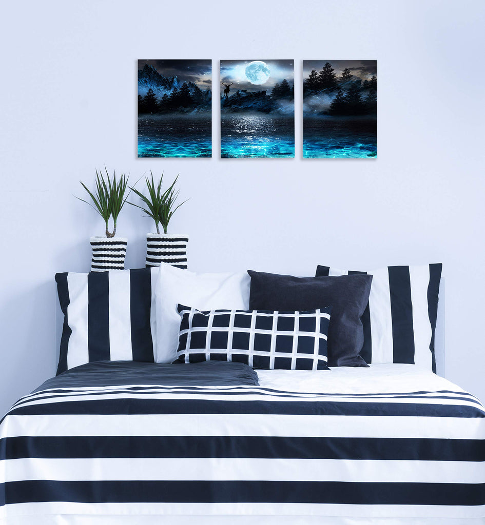 Wall Decorations Moon Deer Ocean Landscape Picture Teen Room Decor Wall Art Modern Decor 3 Piece Framed Ready To Hang