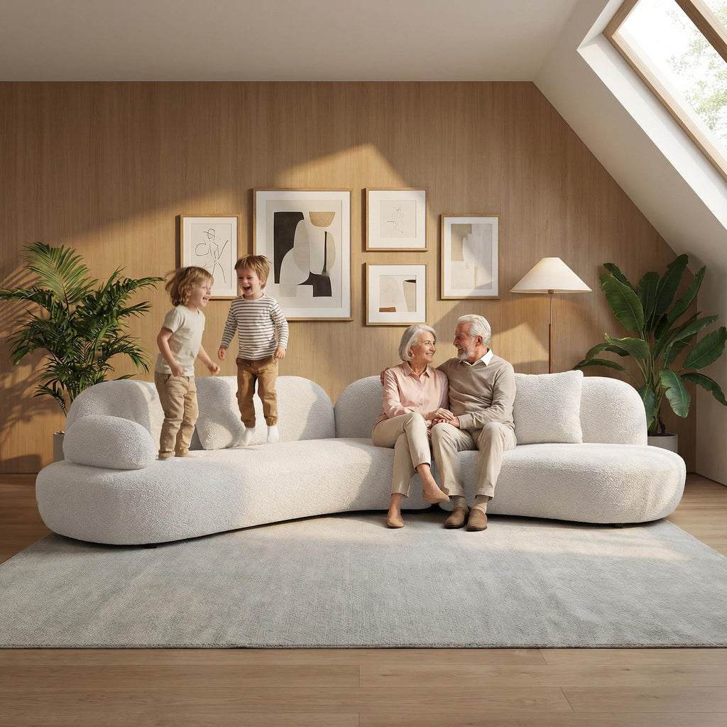 Curved Sectional Sofa, 5 Seater, Boucle, Scandinavian, White