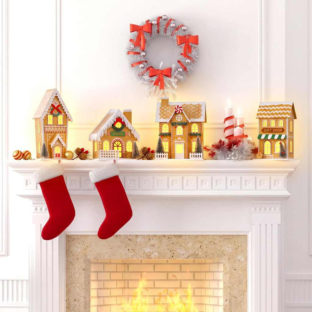 Xmas Gingerbreads House with LED Light, Paper Christmas Village Set