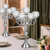 2 Pcs Wedding 5 Arm Crystal Silver Candelabra Table Centerpieces with 12 LED Light 21.5'' Tall Candle Holder Bowl