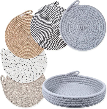 Inch Cotton Trivets for Quartz Countertops with Storage Basket - Thick Woven Hot Pads for Large Pots - Set of 5