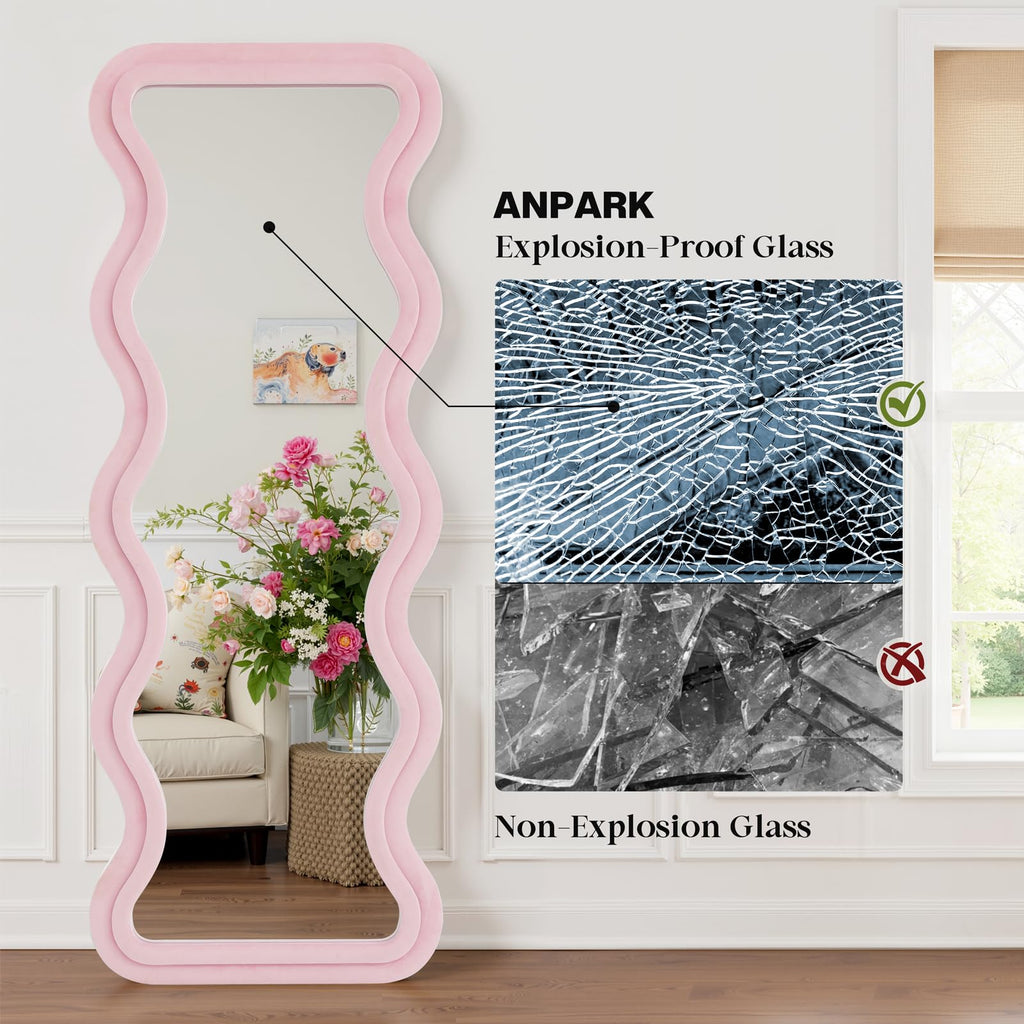 Irregular Wavy Full Length Mirror - 63"x24" Floor & Wall Mounted Mirror with Stand - Pink Flannel Wrapped Wooden Frame