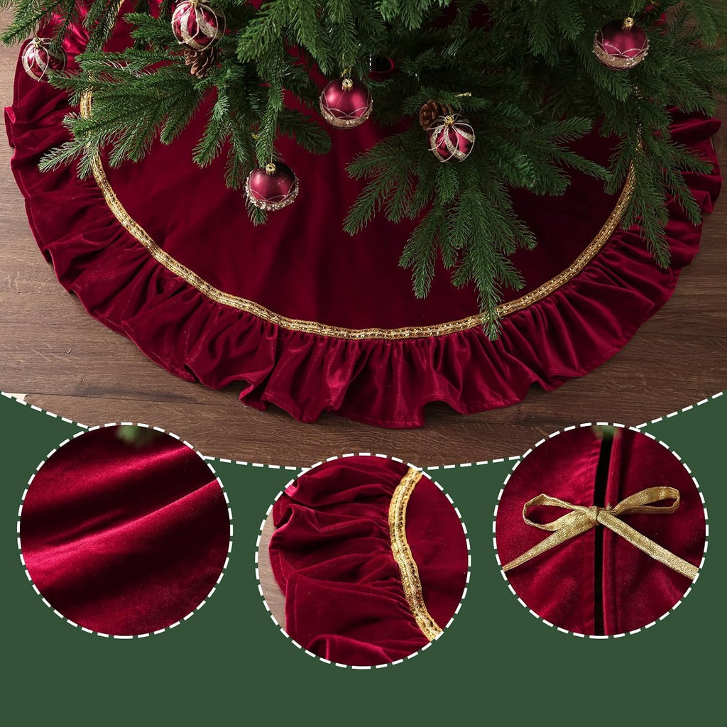 Christmas Tree Skirt: 48 Inch Large Luxury Wine Red Velvet Plush Fur Ruffled Christmas Tree Skirts with Gold Trim
