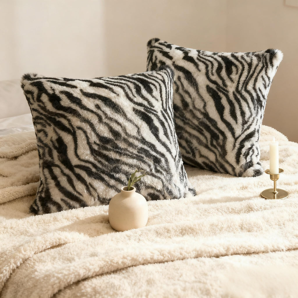 Square Stripe Pillow Cover Faux Fur Zebra Throw Pillows 20x20 Black White