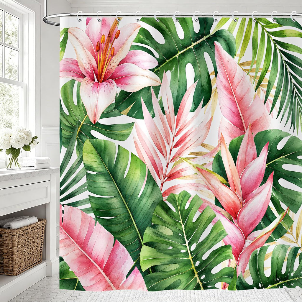 Pink and Green Tropical Shower Curtain, Botanical Palm Leaf Floral Boho Shower Curtains Set, Monstera Jungle Plant