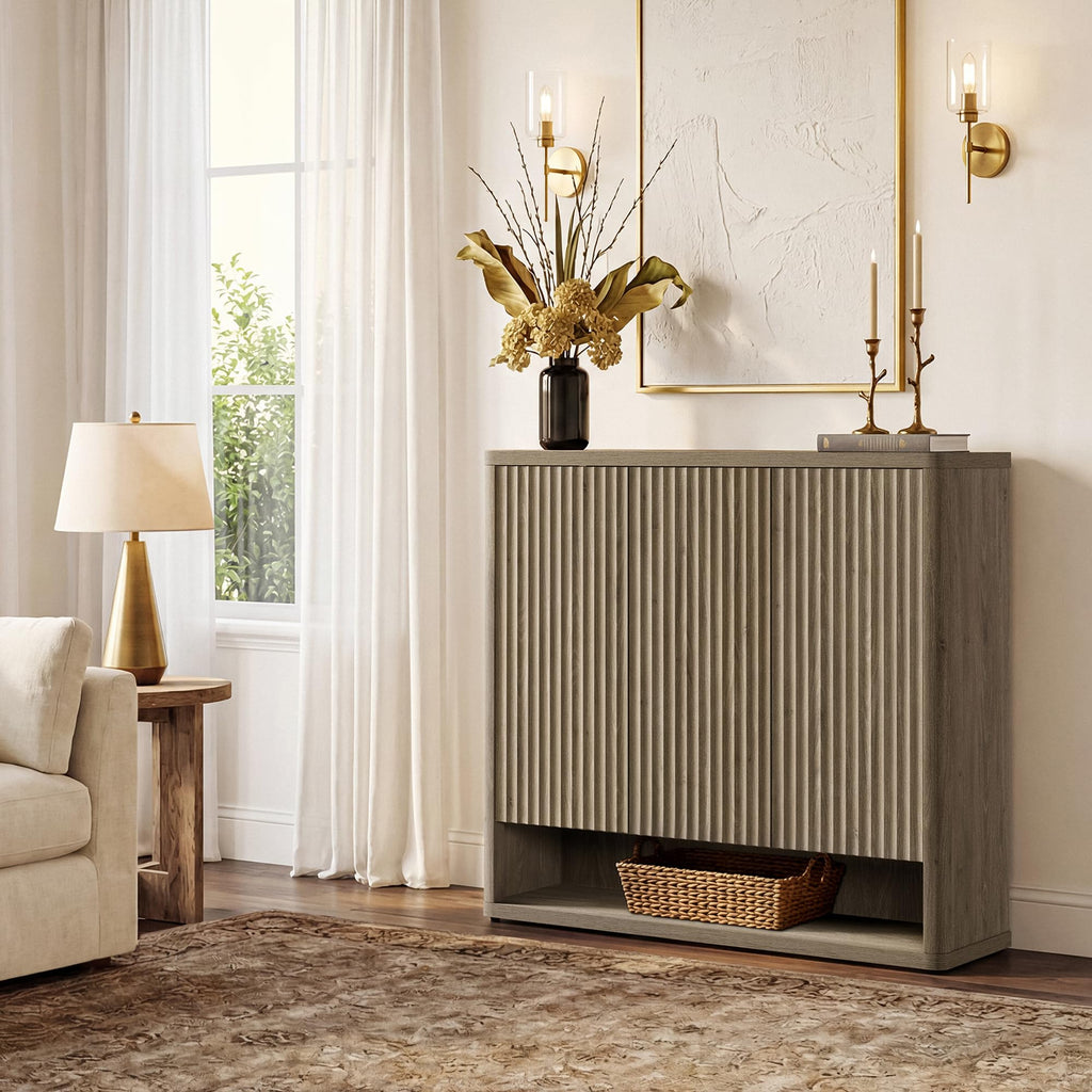 Shoe Cabinet 47.2" Wide Freestanding Fluted Shoe Storage Cabinet with 3 Doors & 4 Adjustable Shelves Large Modern