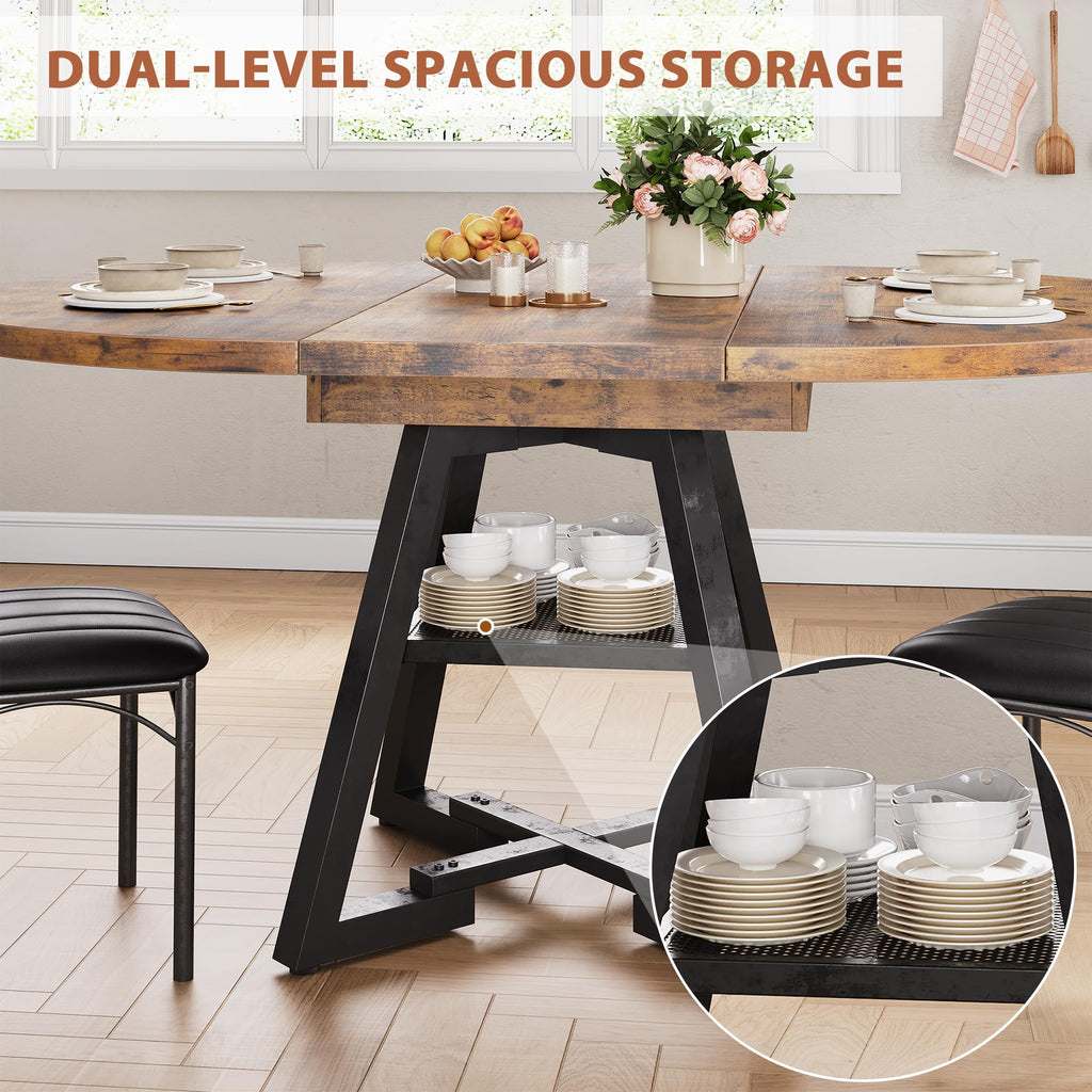 43''-57'' Extendable Round Dining Table for 4-6, Modern Industrial Kitchen Oval Dining Table with Removable Leaves