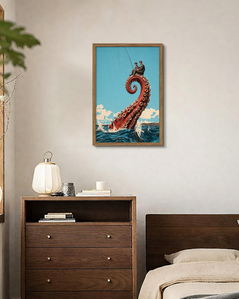Framed Funny Octopus Canvas Wall Art Print Picture, Whimsical Sea Life Wall Decor Painting, Surreal Fisherman Sitting
