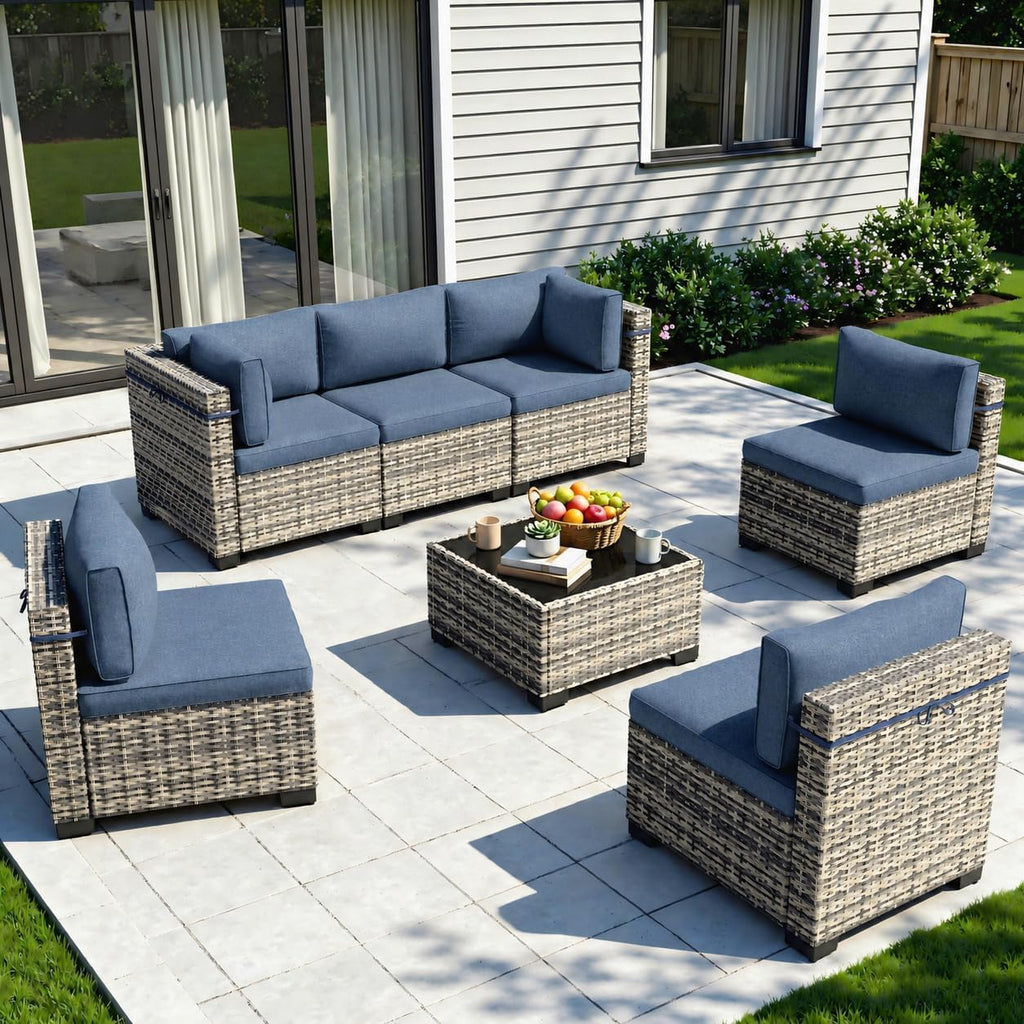 Outdoor PE Wicker Rattan Modular Patio Sectional Sofa Set | 7-Piece: 6 Modular Seats & Coffee Table with Thick