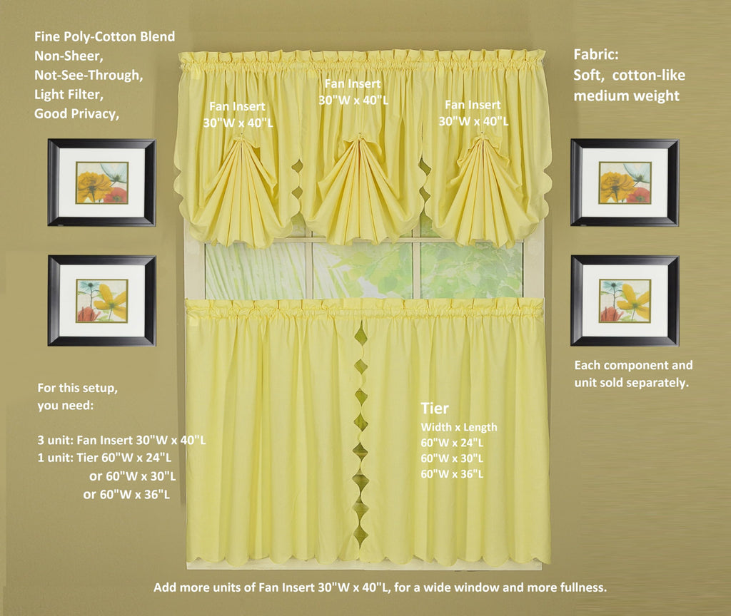 Orleans Scallop Curtain, Buttercup 30" Tier Pair and Tieback, 60" W x 30" L, Buttercup