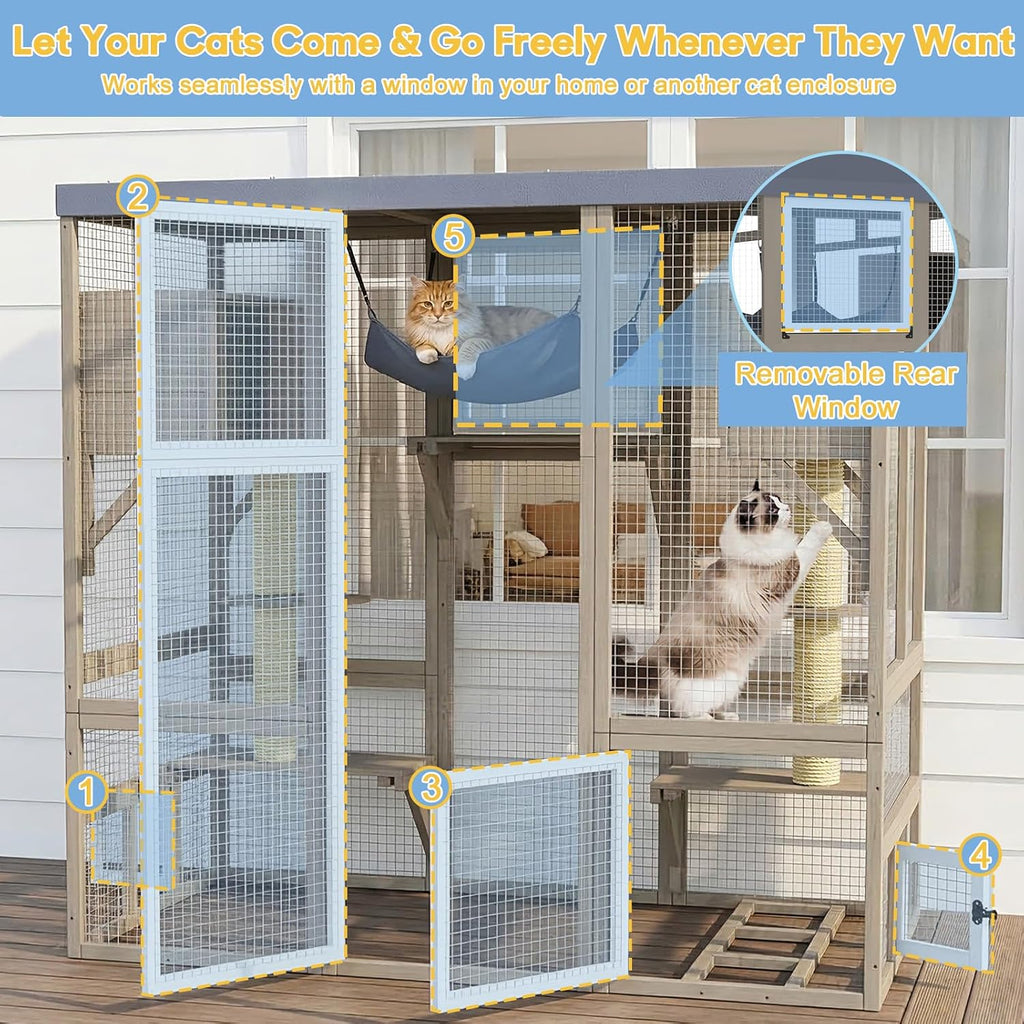 Catio Outdoor Cat Enclosure, Large Walk-in Cat House with Flat Roof