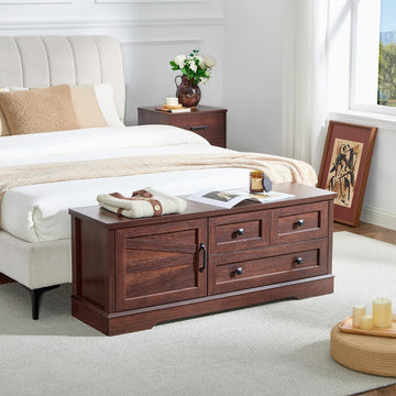 48 Inch Cherry Wood End of Bed Storage Bench, Farmhouse Bed Bench with Drawers and Cabinet, Rustic Shoe Storage Bench