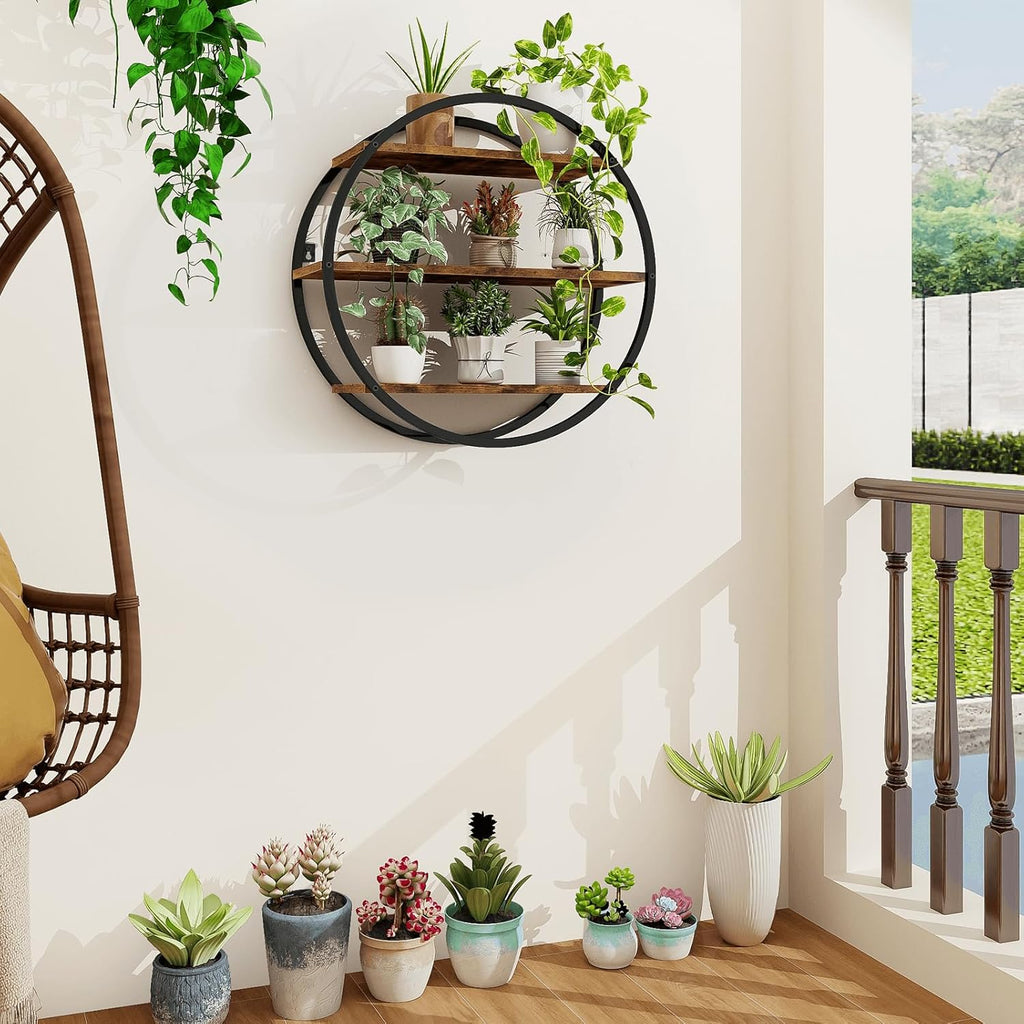 Circle Shelf Wall Decor, 3 Tier Decorative Round Wall Shelf | Geometric Circle Metal and Wood, Circular Wall Shelf