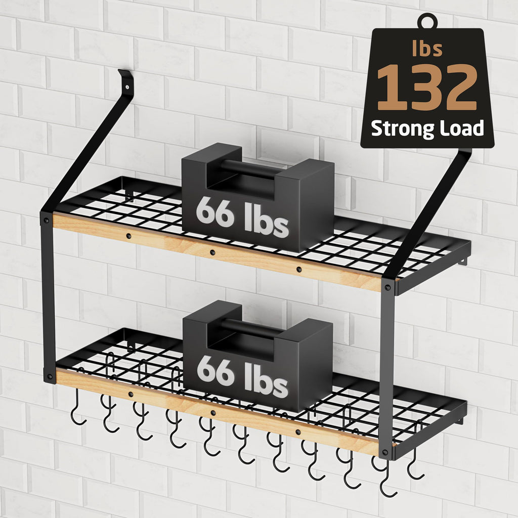132lb Heavy Duty Hanging Pot Rack Wall Mounted, 34in Solid Wood Design