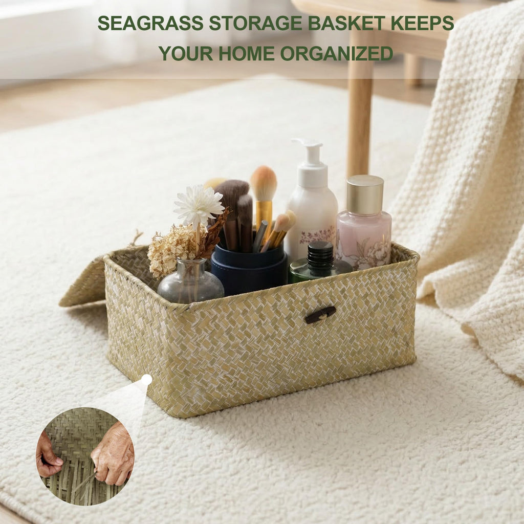 Wicker Storage Basket with Lid, Seagrass Shelf Basket Set of 3, White