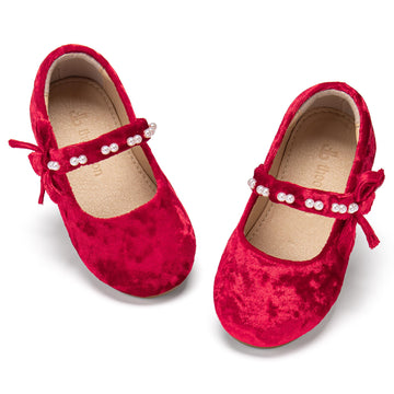 Mary Jane Ballet Flats - Girls' Dress Shoes with Hook & Loop Closure(AF642 Toddler,Velvet Red/ )