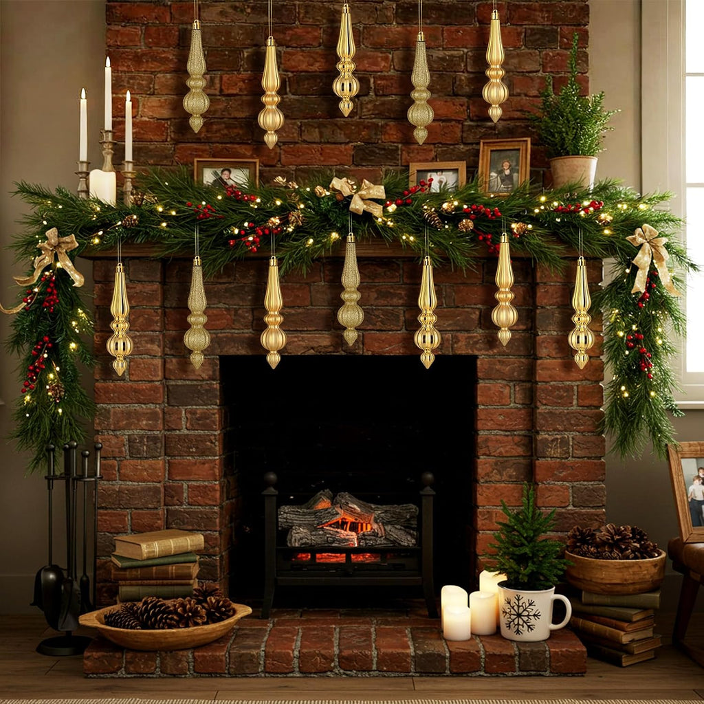 12 Pcs 7 Inch Finial Drop Christmas Ornaments, Xmas Decor, Gold
