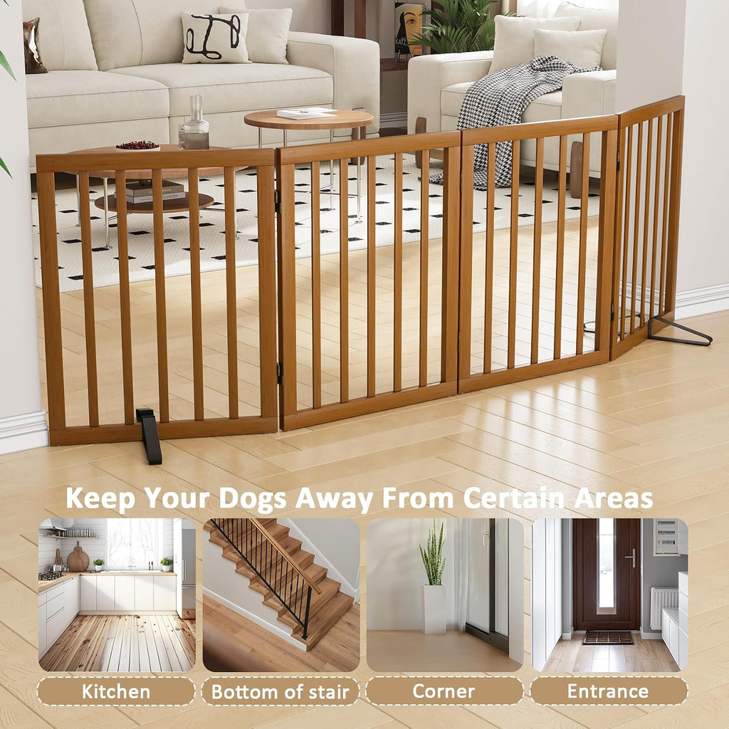 Freestanding Pet Gate Foldable 4 Panel Dog Gate Walnut Dog Gates for Stair Doorways House Indoor (2 Support Feet