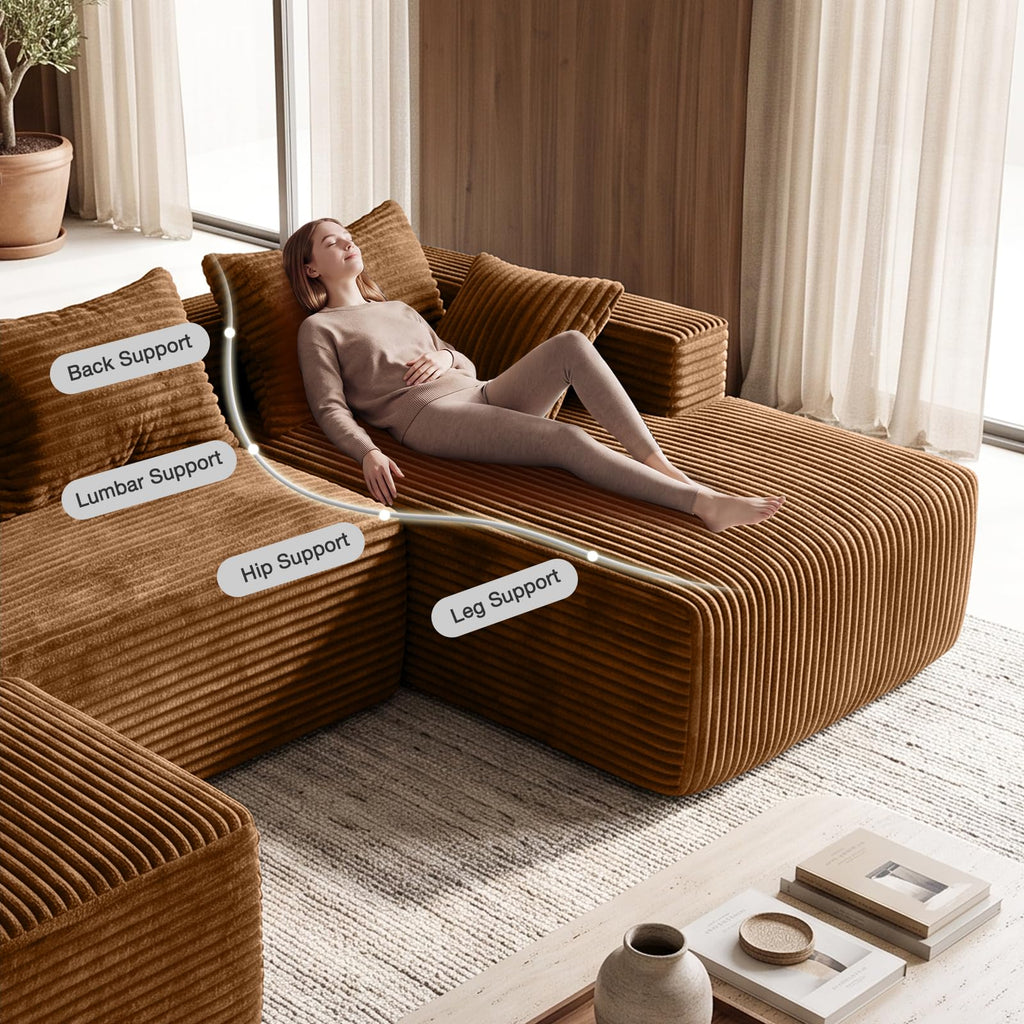Boneless Couch 95" U-Shaped Sectional Couches with Ottoman, Brown