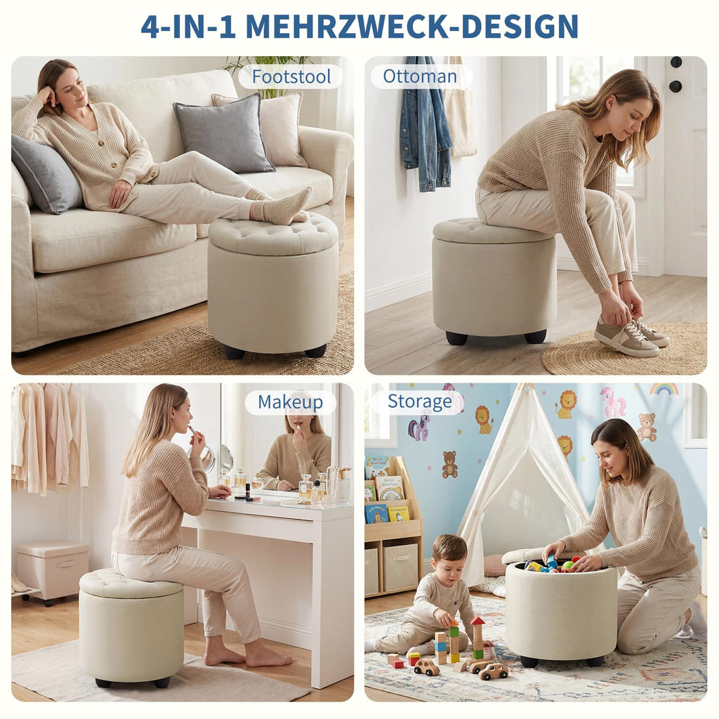 Modern Round Storage Ottoman, Button Tufted Ottoman Foot Stools Ottoman Footstool with Removable Lid Storage Ottoman