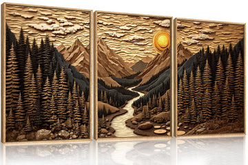 Abstract Landscape Mountain Canvas Wall Art Set, Vibrant Sun Forest Pine Tree Wall Decor, Wilderness Nature River