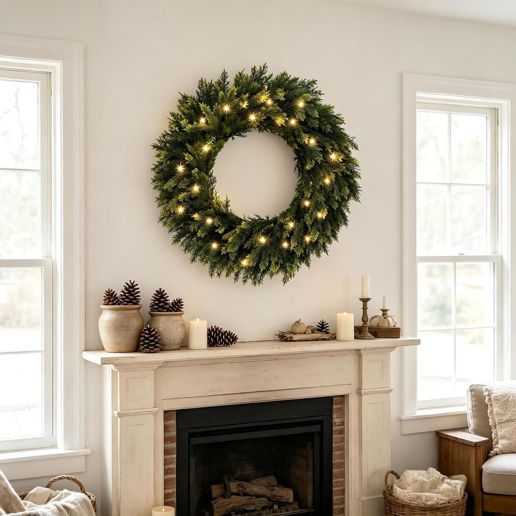 30 Inch Real Touch Lighted Christmas Cedar Wreath for Front Door | Artificial Greenery Foldable Wreath with Lights