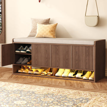 47.2" Fluted Shoe Storage Bench, Entryway Bench with Linen Seat Cushion, Shoe Cabinet Bench with Adjustable Shelf and