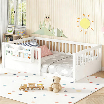 Twin Size Kids Floor Bed with Heightened Fence and Bookshelf, Wooden Twin Montessori Bed Frame for Girls Boys, White