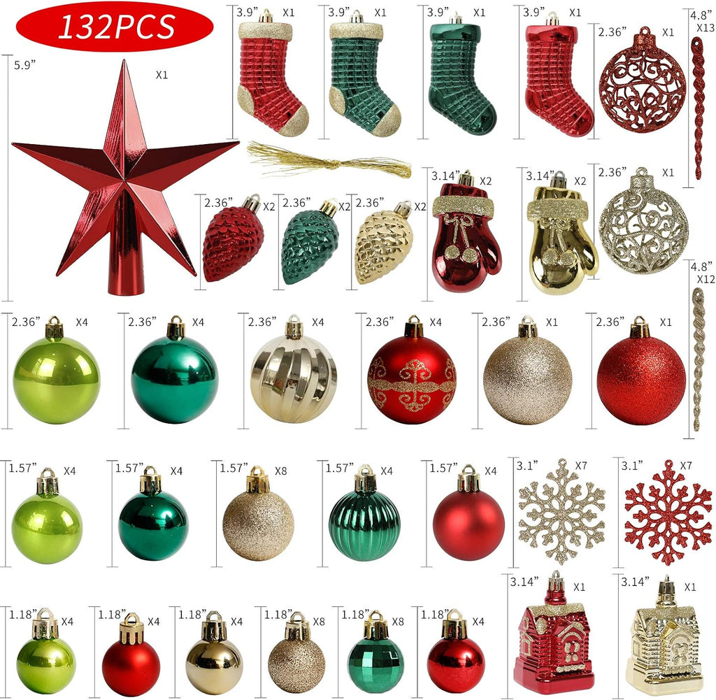 Tree Ornament, 132pcs Christmas Decoration Set Red Green Gold