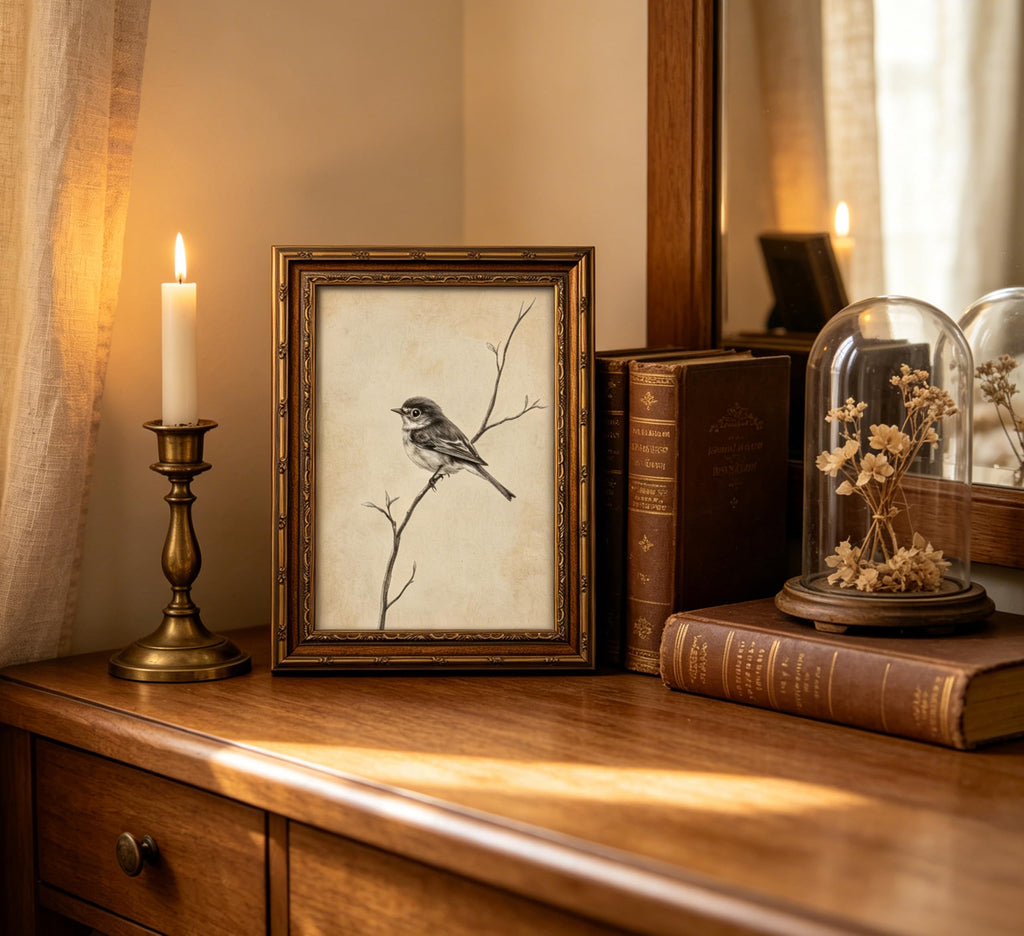 Vintage Gold Framed Bird Wall Art, Rustic Farmhouse animal poster