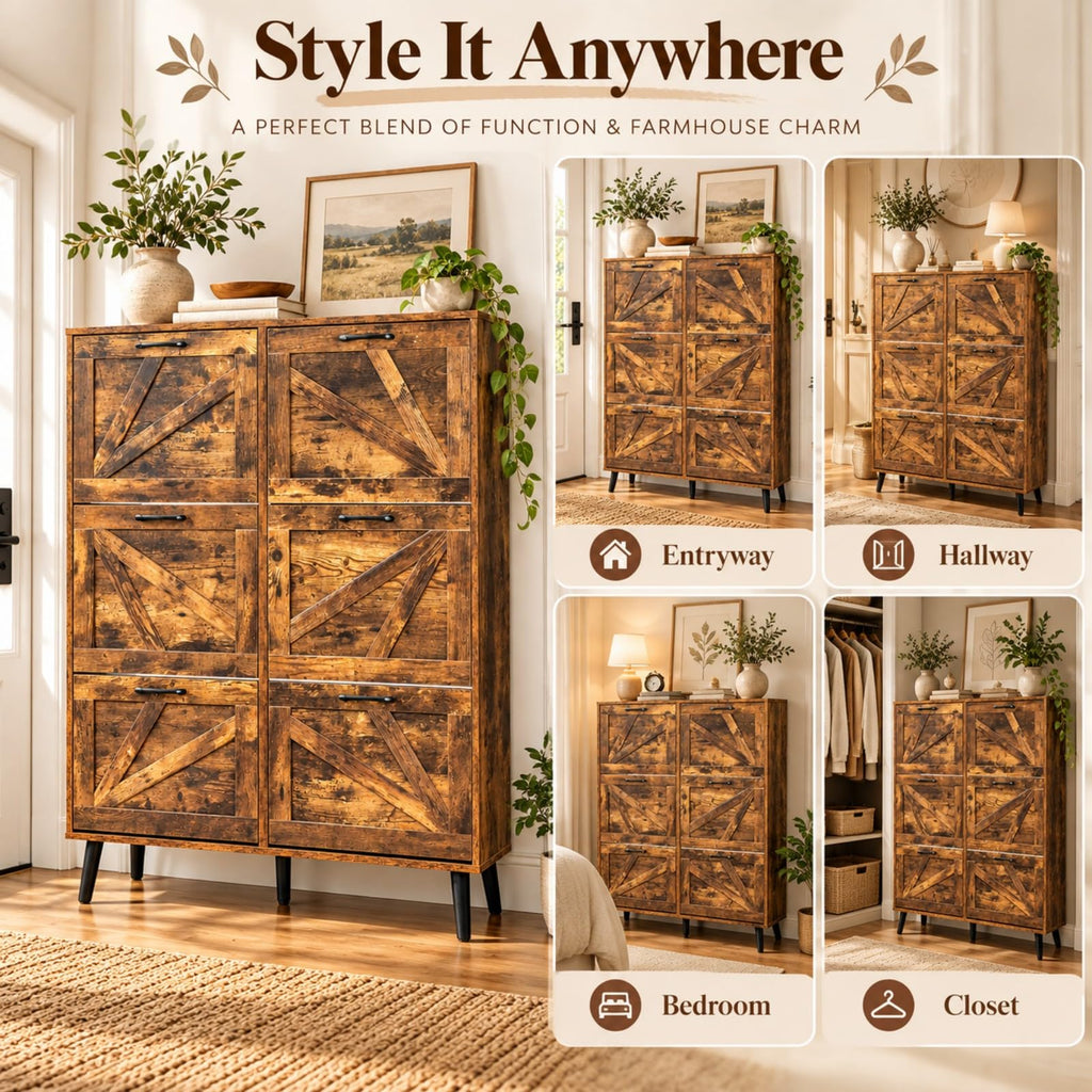 6 Flip Drawer Shoe Cabinet, Barn Door Entryway Storage, Rustic Brown