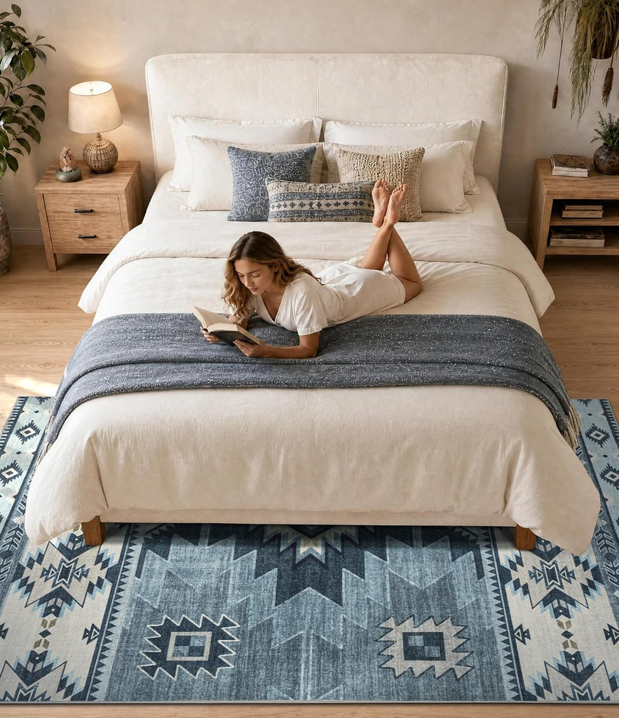 Washable Western Aztec Area Rug, Blue
