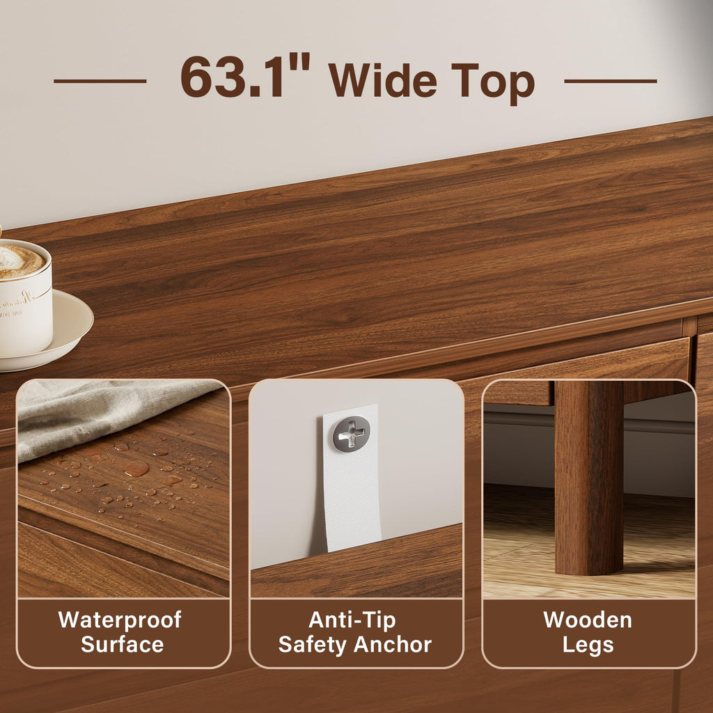 63" Wide 9 Drawer Wood Dresser with Legs, Walnut