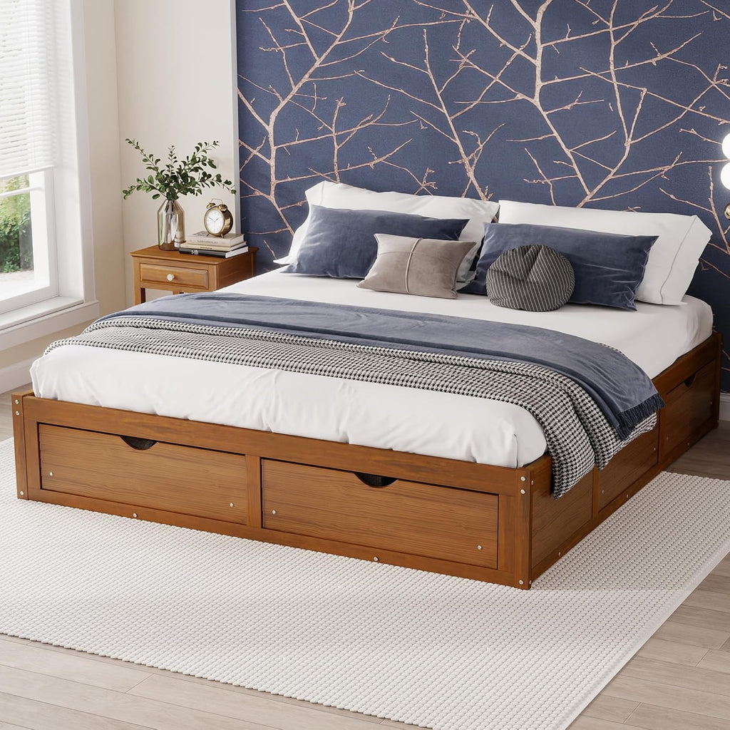 Wood Bed Frame with 6 Storage Drawers, No Headboard, Walnut