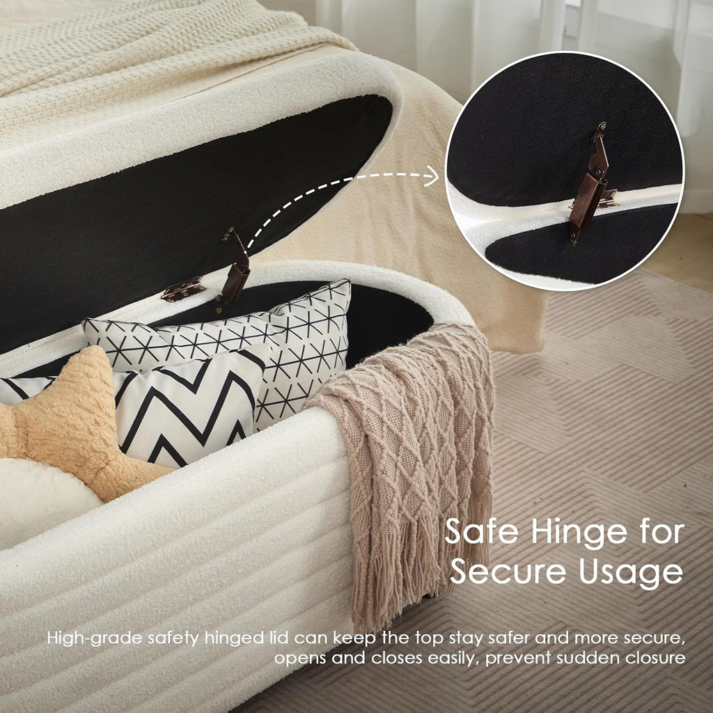 45.5" Storage Teddy Ottoman Bench Upholstered Fabric Bench Hidden Storage Chest with Slow-Close Safety Hinge , White