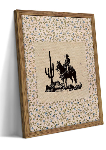 Western Cowboy Wall Art - Framed Canvas Cactus Poster, Vintage Horse Silhouette in Wood Frame, Rustic Floral Border