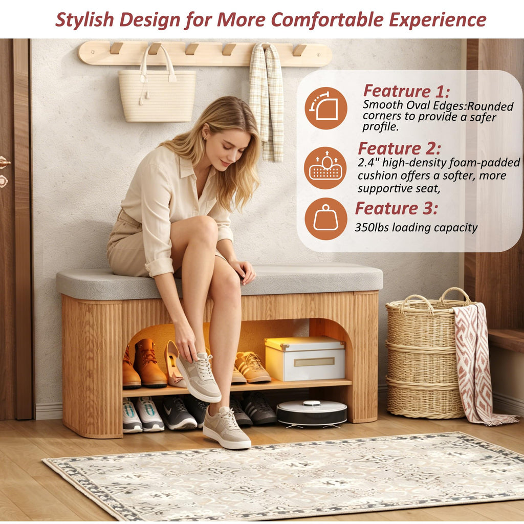 40.2" Fluted Storage Bench with Built-in LED Light, Flip-Top Shoe Bench with Cushioned Seat and Open Storage