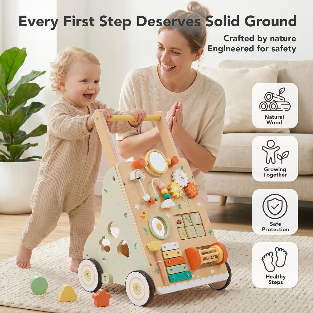 Wooden Baby Push Walker for 1 Year Old, Montessori Wood Walking Toy