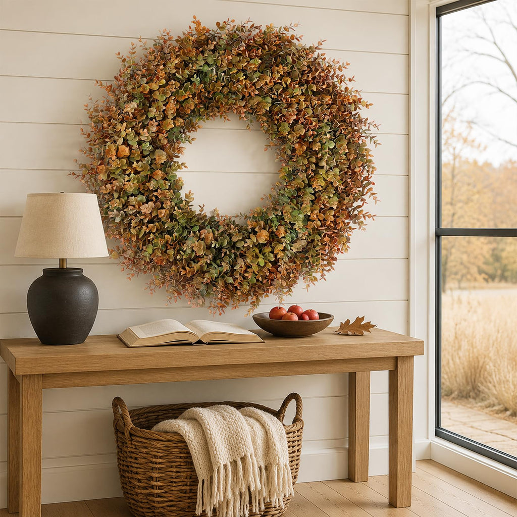 32" Large Fake Eucalyptus Fall Wreath for Front Door Decor(Orange-Green)
