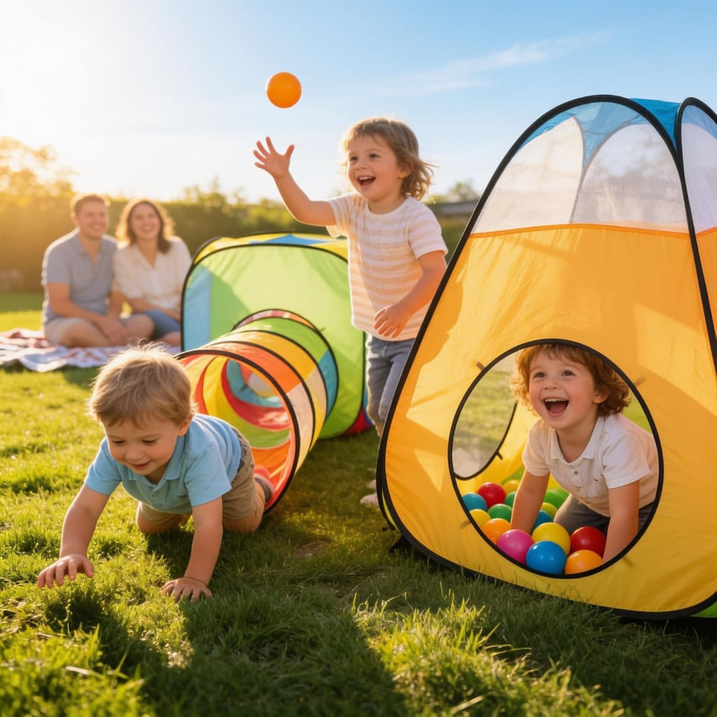 3pc Pop Up Children Play Tent : 1 Crawl Tunnel + 2 Tents : Kids Tents for Boys, Girls, Babies & Toddlers for Indoor &