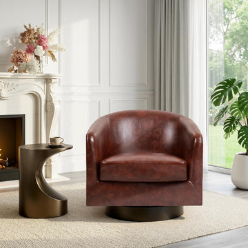 Faux Leather Swivel Accent Chair, Barrel Club Armchair, Red Brown