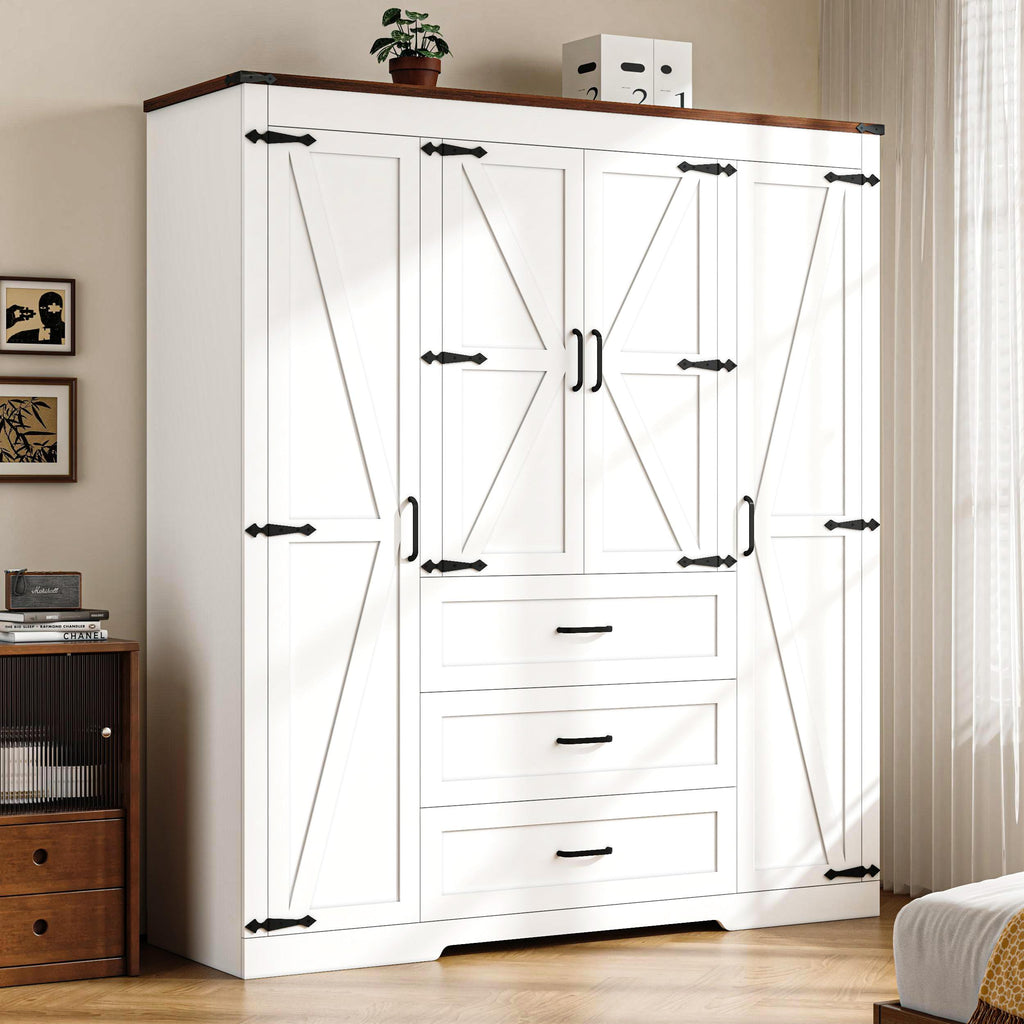 70" Tall Armoire Wardrobe Closet with 4 Doors & 3 Drawers, Farmhouse Bedroom Storage Cabinet with Hanging Rod