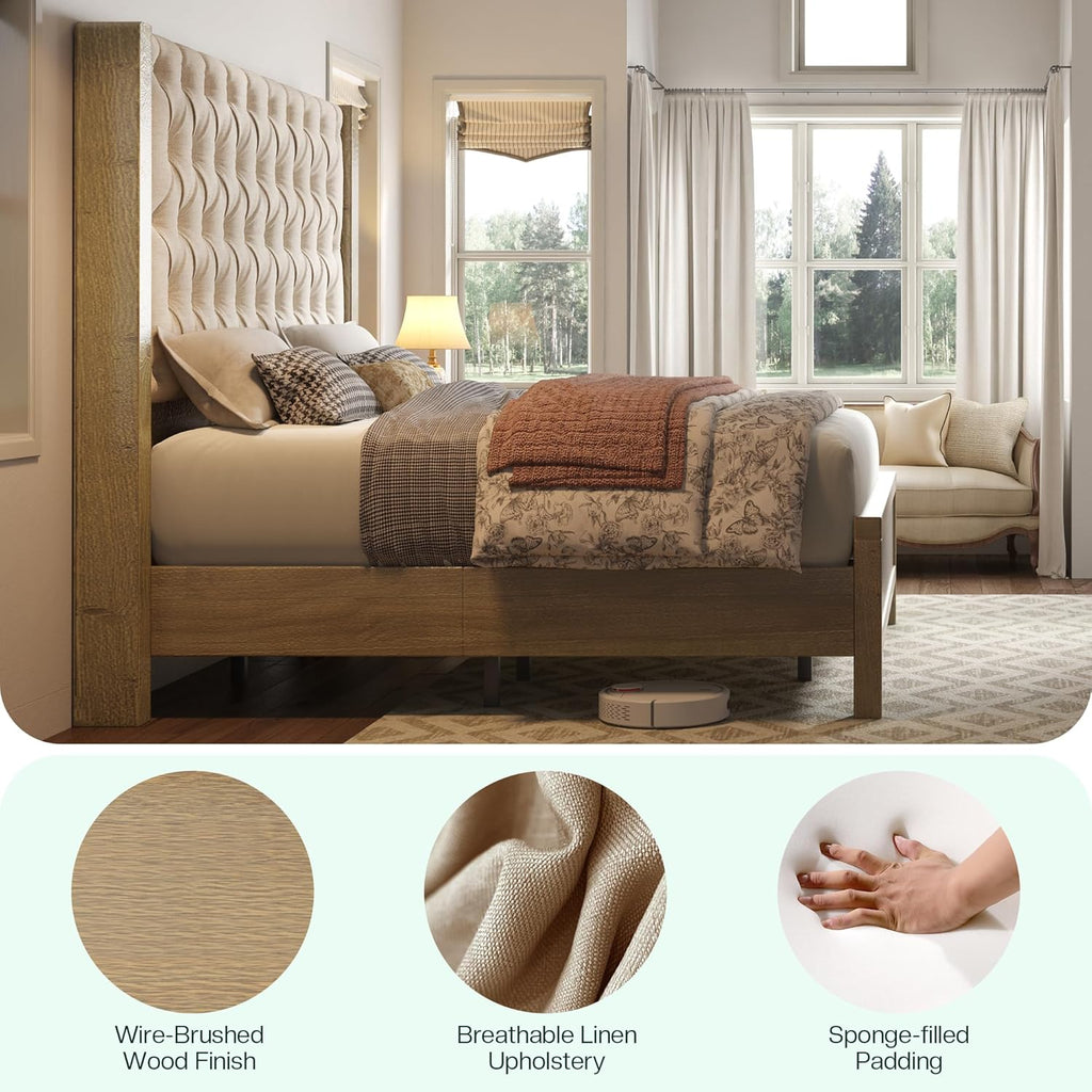 Solid Wood Queen Bed Frame, 57" Tall Farmhouse Platform Beds, Upholstered Line Wingback Headboard, Deep Button