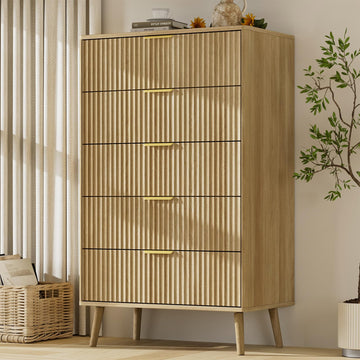 Fluted 5 Drawers Dresser, 45" Tall Modern Chest of Drawers with Curved Profile Design and Metal Handle, Wood Drawer